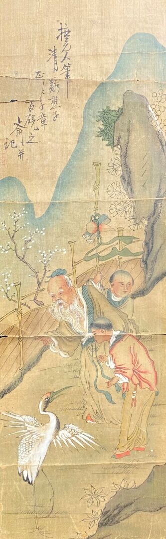 Chine - Trois peintures sur soie - (pliures, déchirures)
