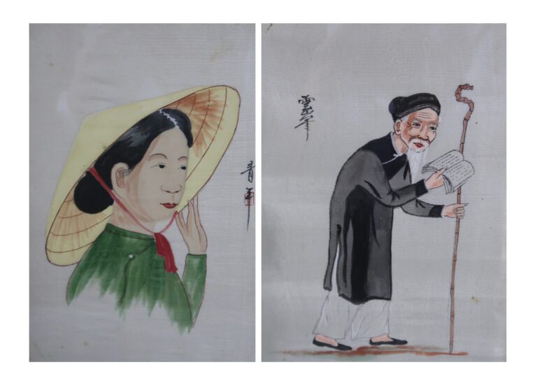 Lot de deux tissus peints à décor de personnage asiatique - Dim (à vue) : 24 x…