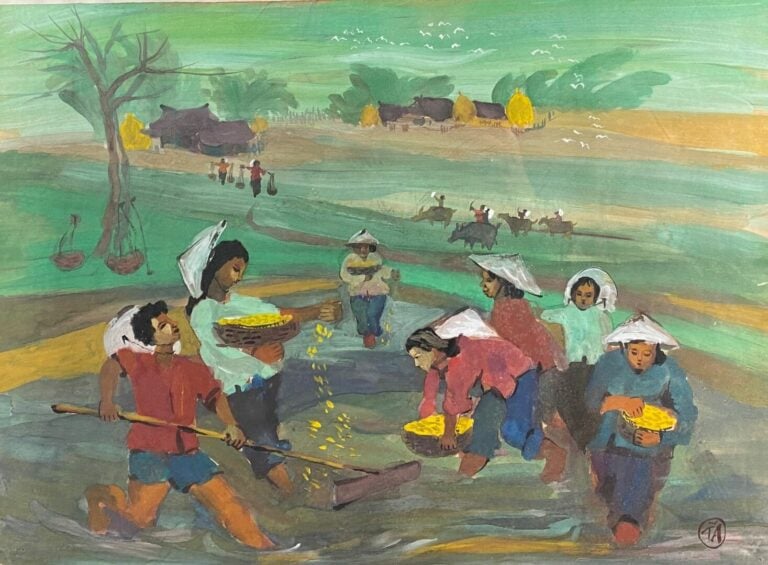 TA (XXe siècle) - Paysans à la risière - Gouache sur papier - Signature en bas…