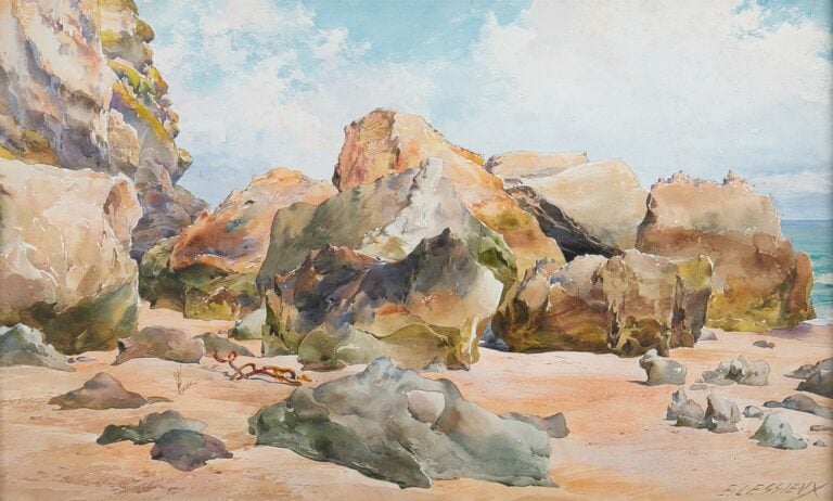Ernest LESSIEUX (1848-1925). - Menton, les roches rouges - Aquarelle sur papier…
