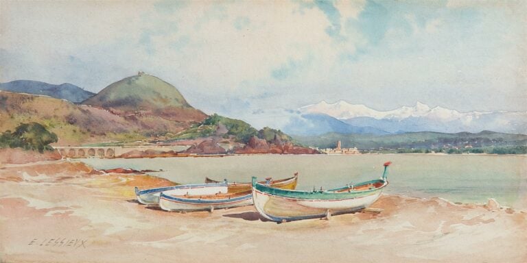 Ernest LESSIEUX (1848-1925). - Bateaux sur la plage - Aquarelle sur papier. - 1…