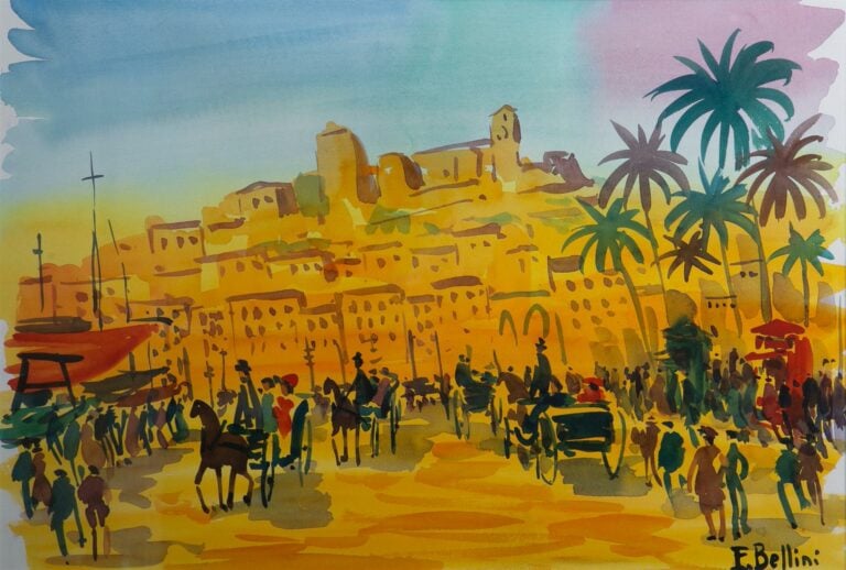 Emmanuel BELLINI (1904-1989). - Les calèches à Cannes - Aquarelle sur papier, s…