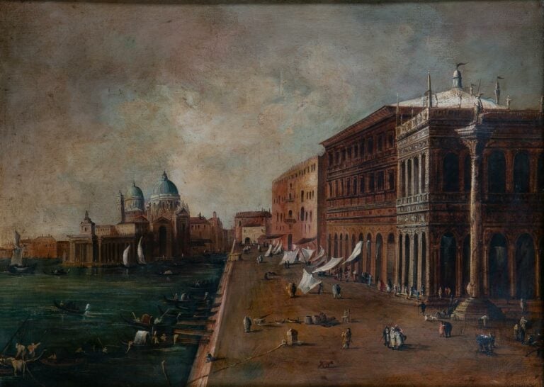 Ecole vénitienne. - Venise, le Quai des Esclavons avec la Douane de Mer et l'ég…