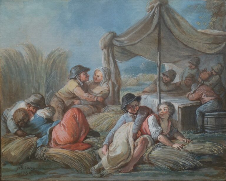 Jacques Philippe CARESME (1734-1796). - Amants dans les foins - Gouache sur pap…
