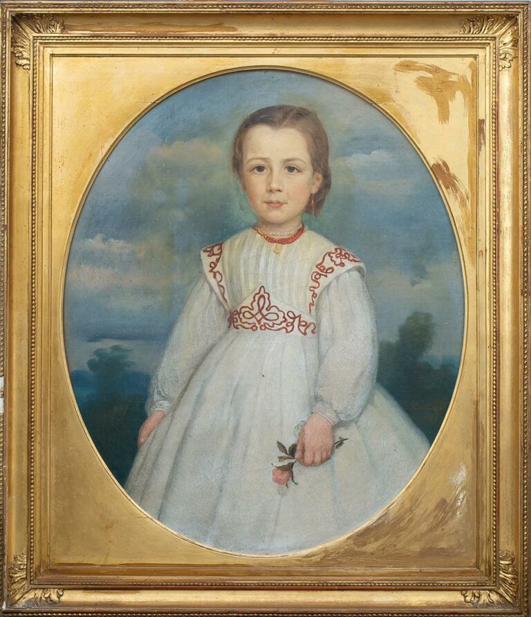 C. LATAPIE. - Jeune fille à la rose - Huile sur toile, signée et datée 1865 en…