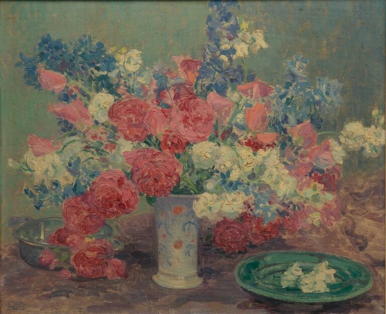 Lucien RION (1875-1936). - Bouquet de fleurs - Huile sur panneau, signée en bas…