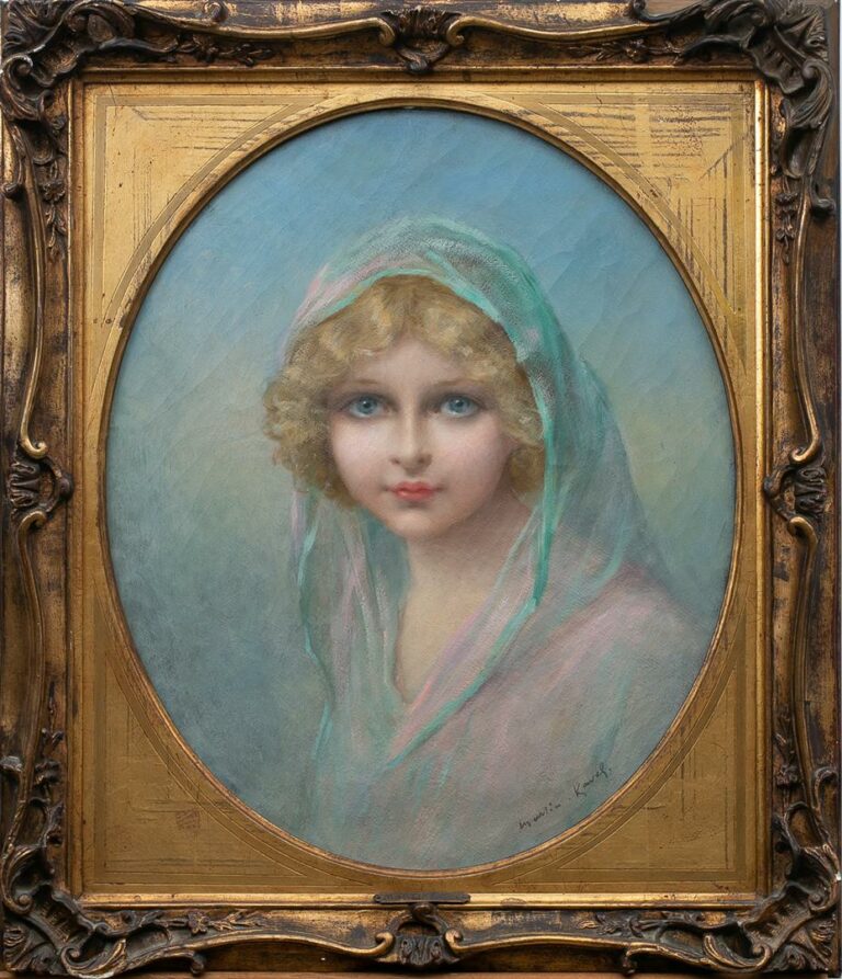 Martin F. KAVEL (1861-1931). - Jeune fille au voile bleu - Huile sur toile. - 5…