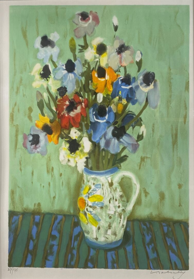 Eugène BABOULENE (1905-1994) - Bouquet de fleurs sur un entablement - Lithograp…