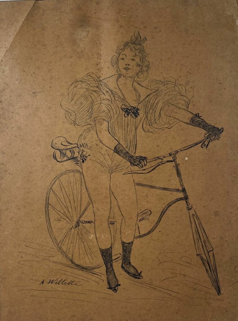 Adolphe WILLETTE (1857-1926) - Jeune femme au vélo - Dessin - Signé en bas à ga…