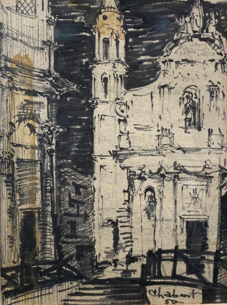 Robert MAUCHANT (1893-1970) - Vue d'église, Menton (?) - Feutre et crayon de co…