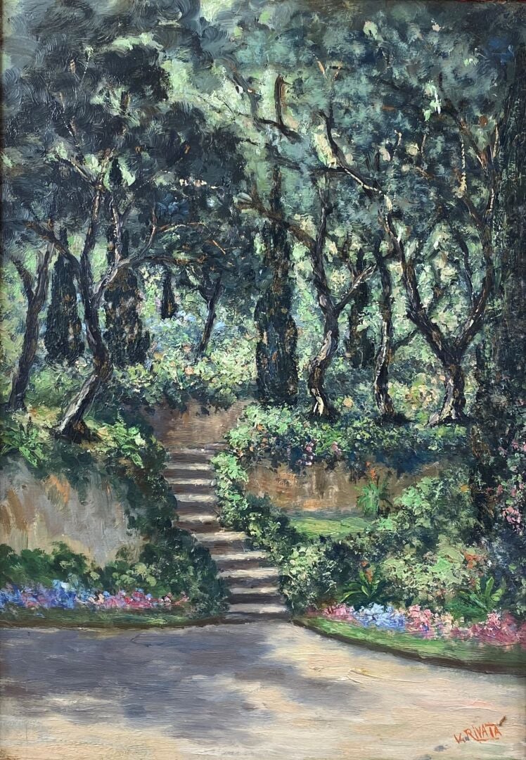 Valentin RIVATA (XXe) - Paysage à l'escalier - Huile sur panneau, signé en bas…