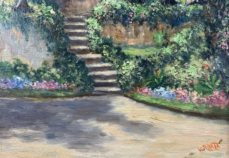 Valentin RIVATA (XXe) - Paysage à l'escalier - Huile sur panneau, signé en bas…