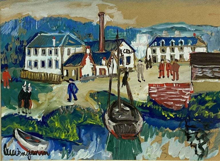 Ecole du début du XXe siècle - Petit port breton - Gouache sur papier - Porte u…