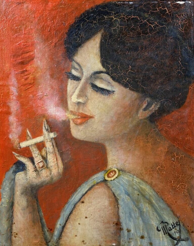 MATTEY (?) - L'élégante fumant - Huile sur toile - Signée et datée 1963 en bas…