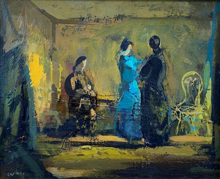 VERNER (XXe) - Femmes dans un intérieur - Huile sur isorel - 21 x 26 cm