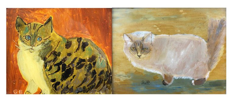 Deux peintures sur verre représentant des chats, monogrammées JB - Dim. (la plu…