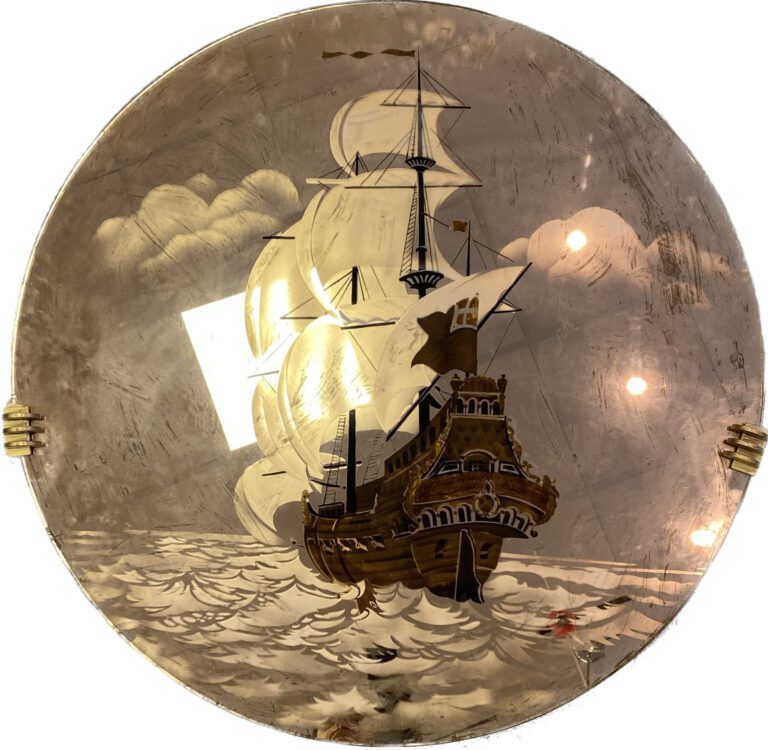 Miroir de forme ronde à décor de bateau - Diam: 80 cm