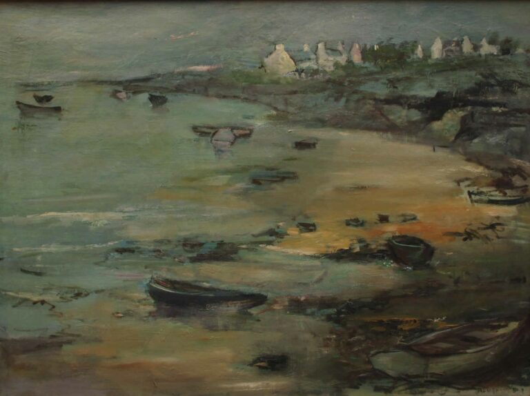 M. BOGAERTS (XXème siècle). - Barques échouées sur la plage - Huile sur toile.…