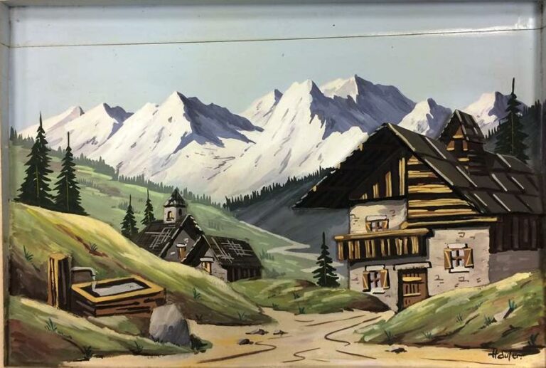 Tableau décoratif en bois sculpté représentant un paysage de montagne.