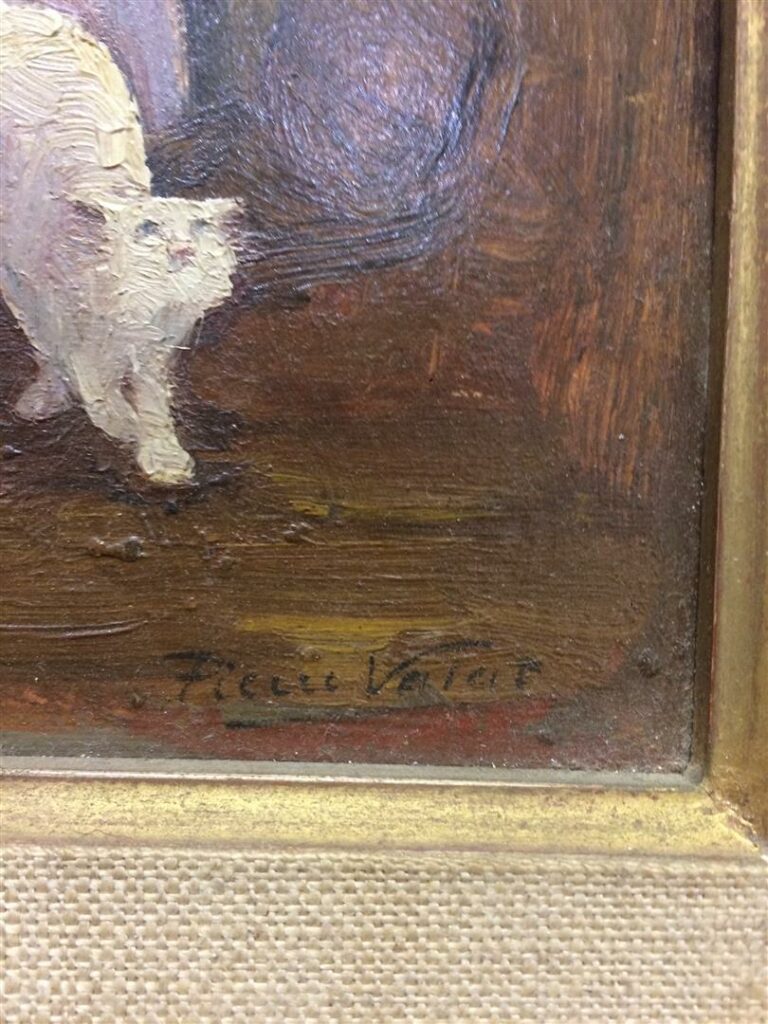 Pierre VALAT (XXème siècle). - Portrait de femme au chat - Huile sur carton, si…