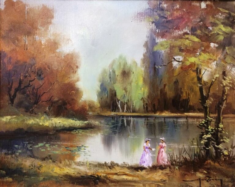Pierre MANZONE (1915-2005). - Elégantes au bord d'un lac - Huile sur toile, sig…