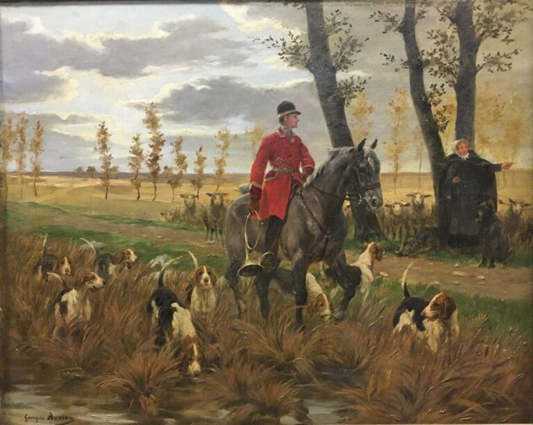 Georges BUSSON (1859-1933). - Scène de chasse à courre, sonneur et ses chiens -…