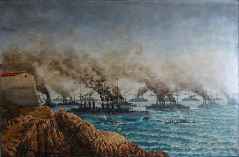 Alfred Justin BLONDEAU (1850-?). - Marine militaire dans la rade de Nice - Huil…