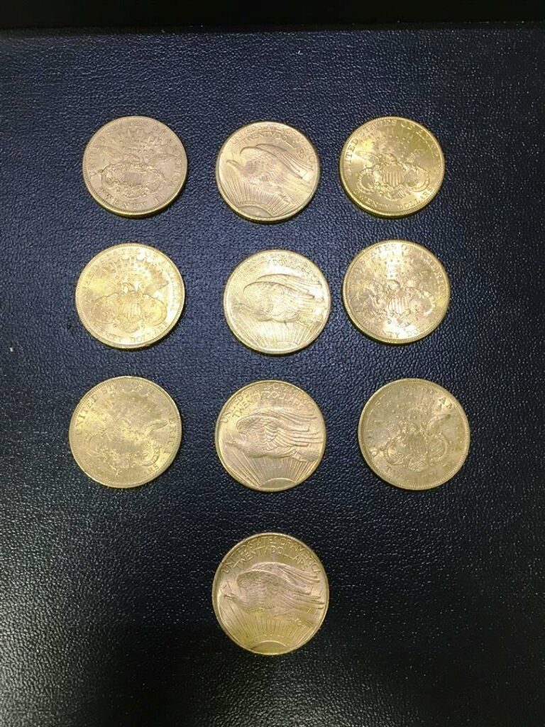 Lot de 10 pièces de 20 dollars or - (Années 1876; 1875; 1908; 1925 (x2); 1900;…