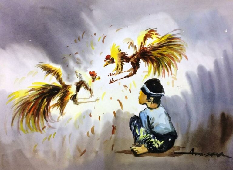 PROBABLE ECOLE VIETNAMIENNE (Actif XXe siècle)° - Petit garçon observant un com…