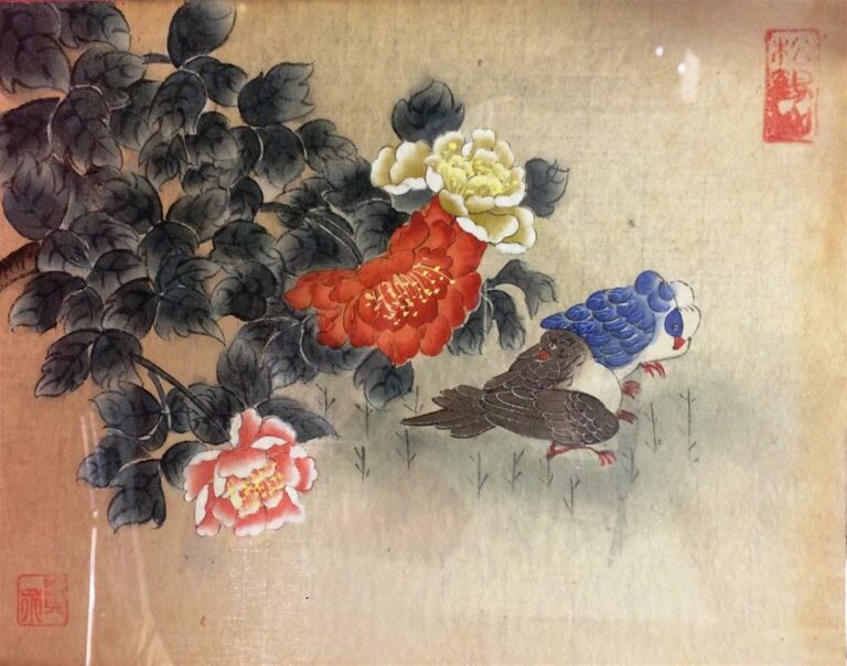 Ecole asiatique du XXème siècle. - Oiseaux dans des branches de fleurs et feuil…