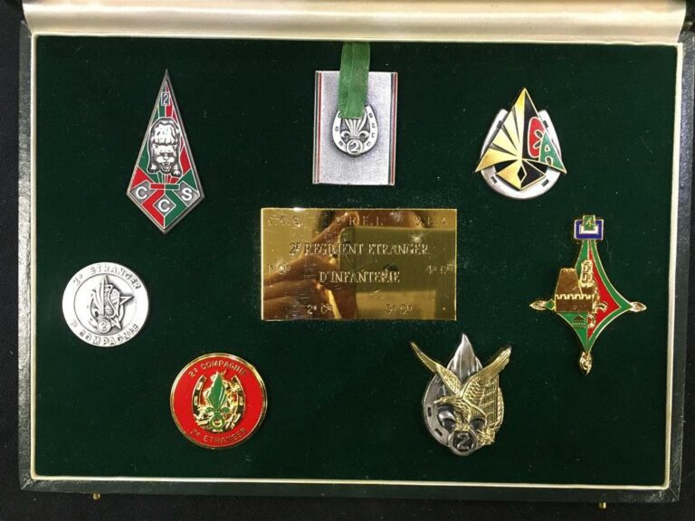 Ensemble de sept insignes militaires du 2e Régiment Etranger d'Infanterie, CCS,…