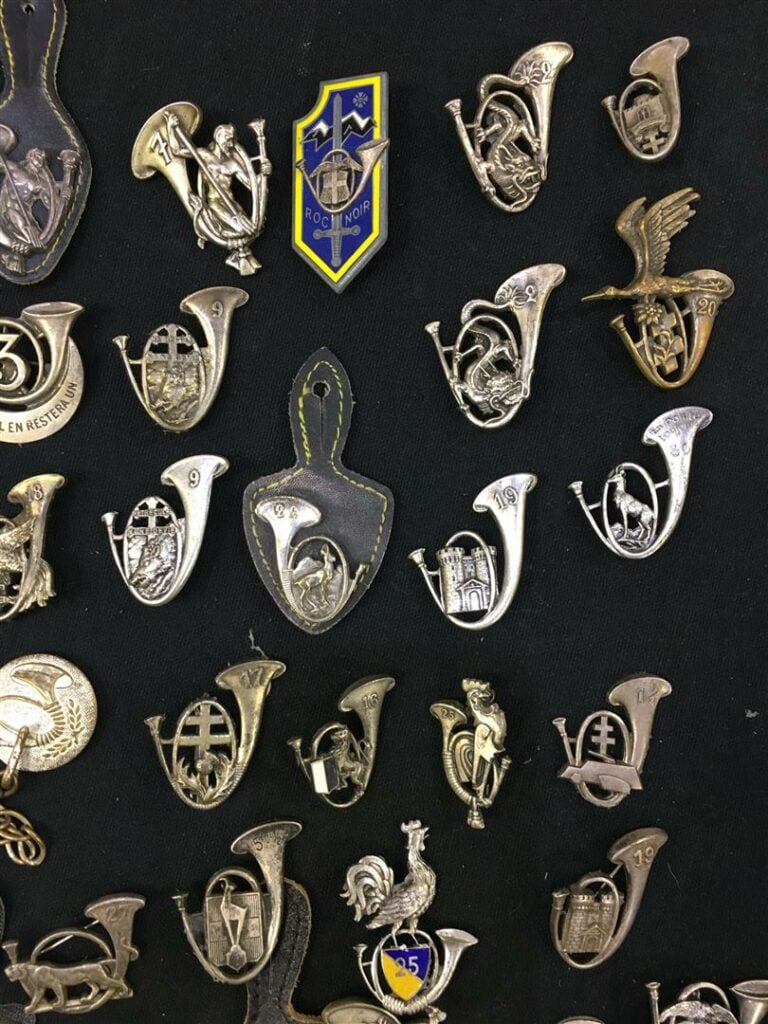 Ensemble de quatre-dix-huit insignes militaires de régiments de chasseurs alpin…