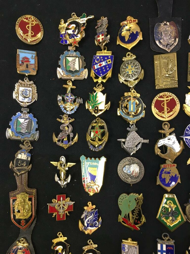 Ensemble de cent neuf insignes de régiments de marine, commando, infanterie, mé…