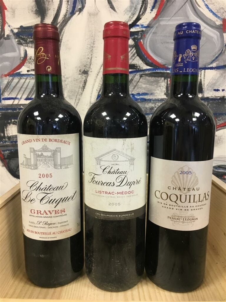 3 bouteilles, CHATEAU LE TUQUET, Graves, 2005, CHATEAU COQUILLAS, Pessac-Léogna…