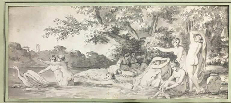 Ecole française du XVIIIème siècle. - Paysage fluvial avec nymphes au bain et L…