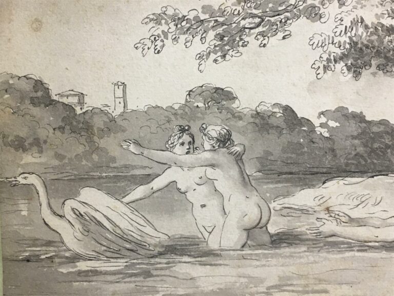 Ecole française du XVIIIème siècle. - Paysage fluvial avec nymphes au bain et L…