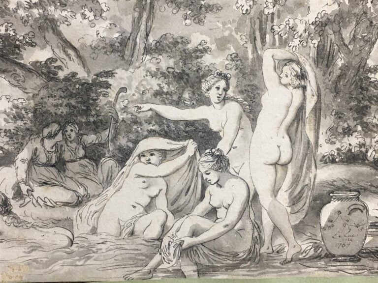 Ecole française du XVIIIème siècle. - Paysage fluvial avec nymphes au bain et L…