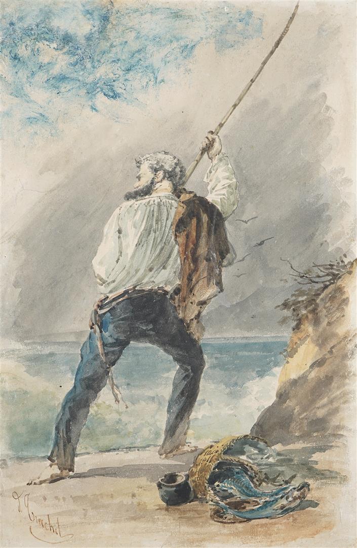 Ercole TRACHEL (1820-1872). - Le pêcheur - Aquarelle sur papier, signée en bas…