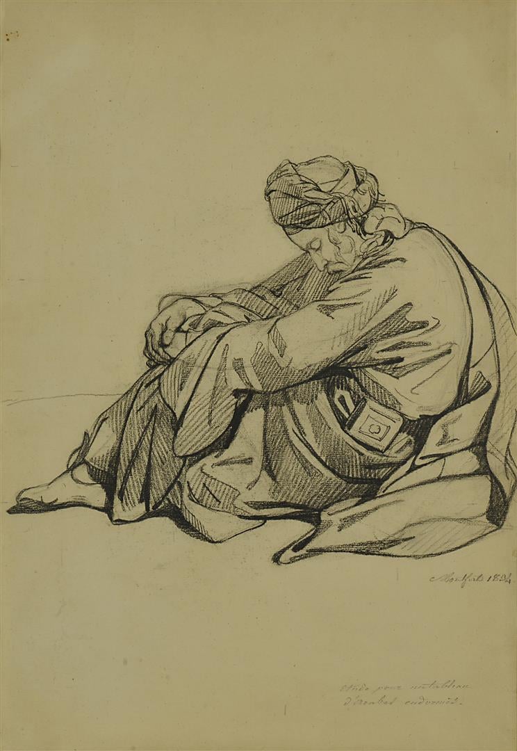 Antoine Alphonse MONTFORT (1802-1884). - Arabe assis de profil - Dessin au cray…