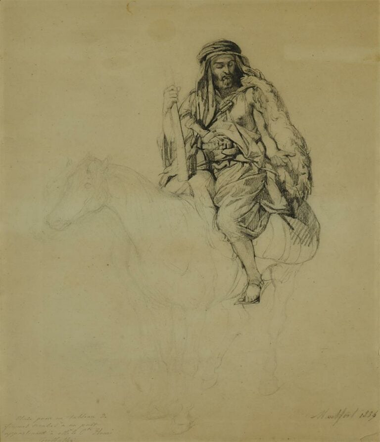 Antoine Alphonse MONTFORT (1802-1884). - Etude d'arabe à cheval - Dessin au cra…