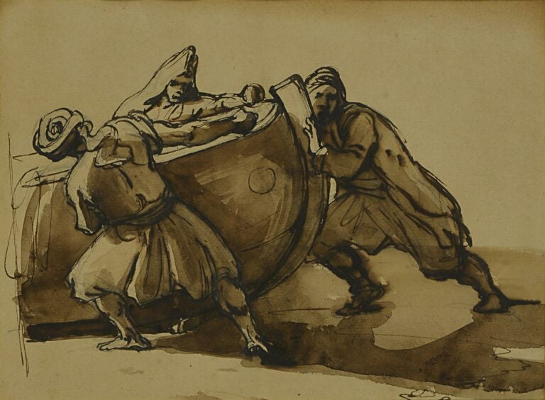 Antoine Alphonse MONTFORT (1802-1884). - Etudes de trois arabes poussant une ba…