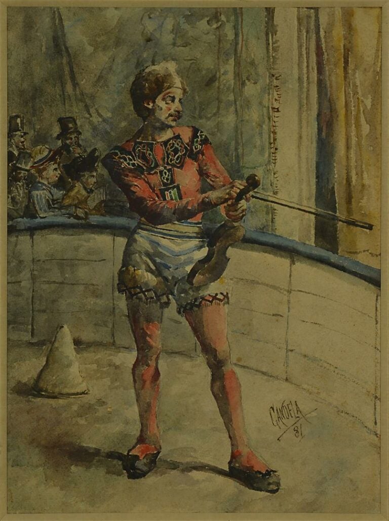 Ecole espagnole du XIXème siècle, CANDELA. - Le clown violoniste - Aquarelle su…