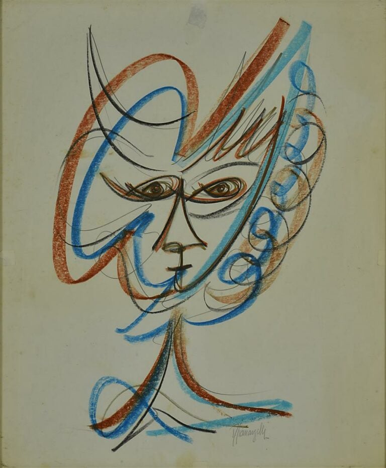 GIANANGELLI (1935-2009). - Visage - Crayon, fusain et pastel sur papier signé e…