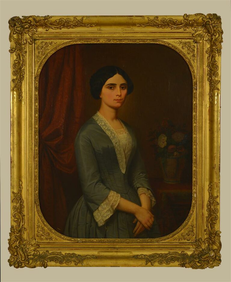 Alexandre DEBELLE (1805-1897). - Portrait de femme à la robe bleue, 1850 - Huil…