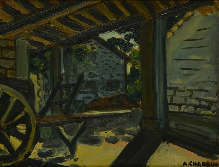 Auguste CHABAUD (1882-1955). - Intérieur de ferme à la charrette - Huile sur pa…