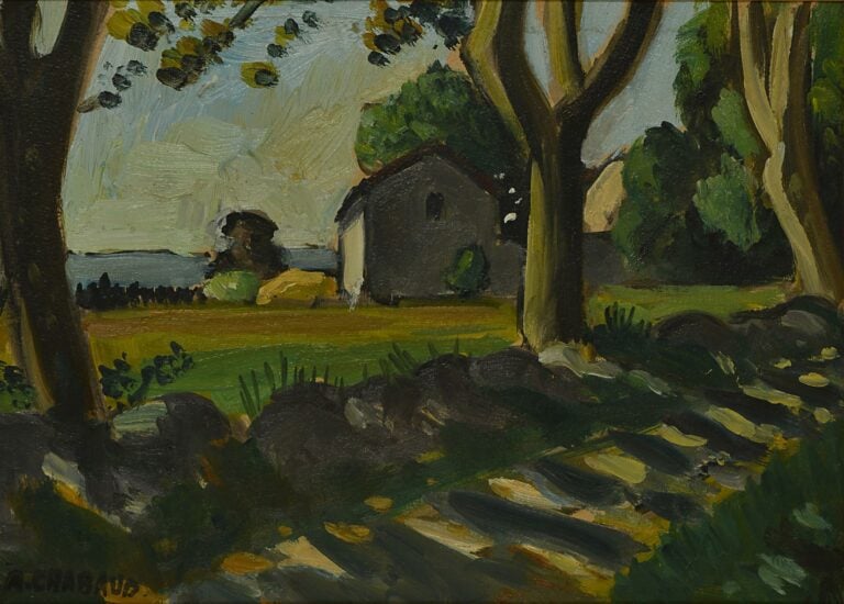 Auguste CHABAUD (1882-1955). - Paysage de bord de mer - Huile sur carton, cache…