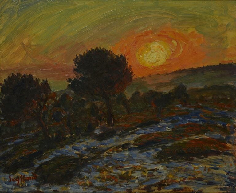 René SEYSSAUD (1867-1952). - Coucher de soleil dans les pins - Huile sur carton…