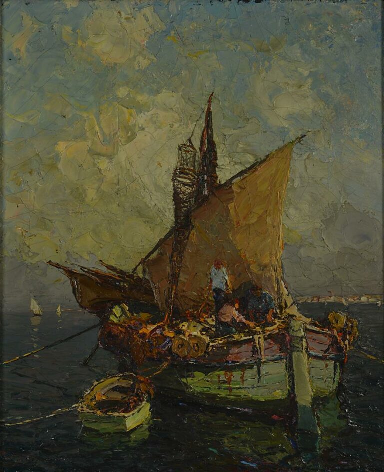 Louis BONAMICI (1878-1966). - Pêcheurs en mer - Huile sur toile, signée en bas…