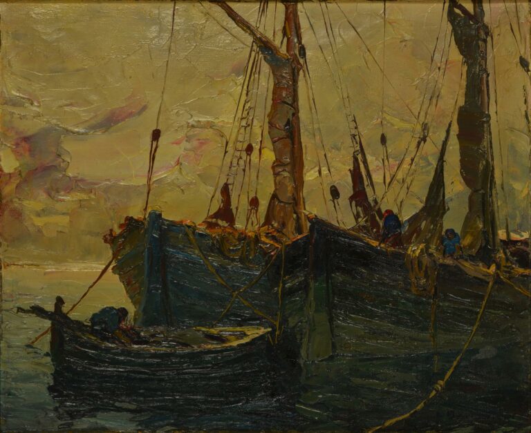 Louis BONAMICI (1878-1966). - Bateaux de pêcheurs arrimés - Huile sur toile, si…