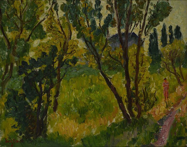 René SEYSSAUD (1867-1952). - Femme en rose dans les bois - Huile sur toile, sig…